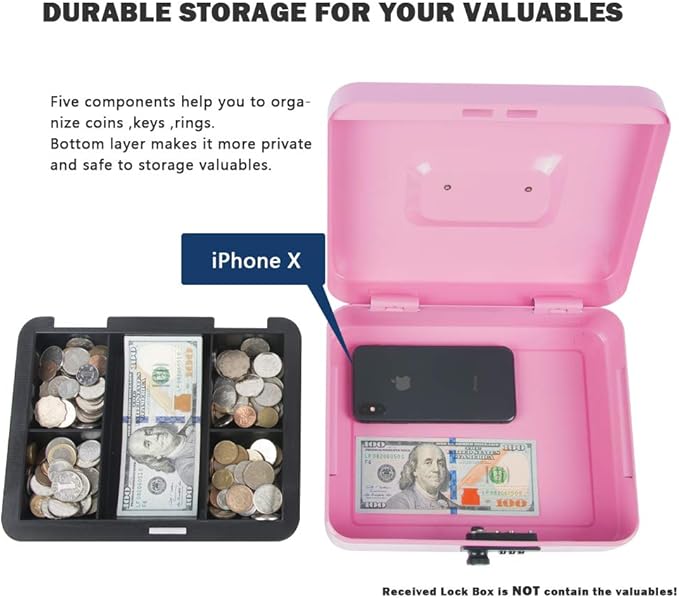 KYODOLED Safe Metal Cash/Money Box with Combination Lock, Money Tray for Security 9.84"x 7.87"x 3.54" Pink, Large