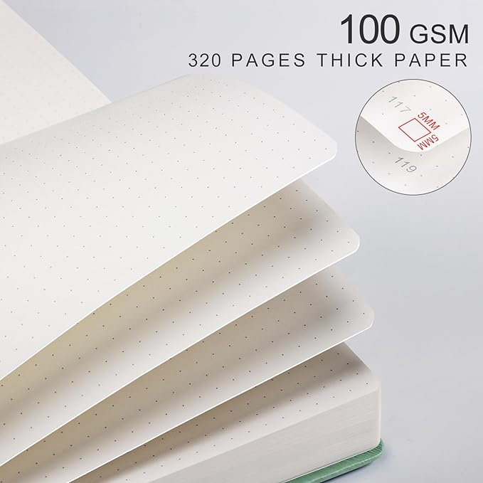 EMSHOI Bullet Dotted Journal Notebook - 320 Pages, 100gsm Thick Paper, A5 Hardcover Leather, Dot Grid Notebook for Women Men Work Writing, Bullet Journaling, Drawing, 5.75 x 8.38, Green