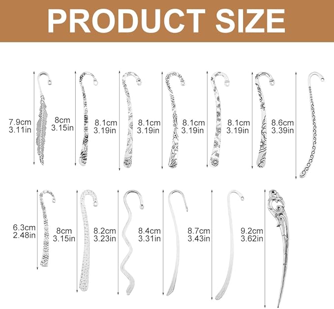 13pcs/Set Metal Bookmark for Women Men, Hairpin Hook Antique Tibetan Silver Carved Hook Bookmarks with Loop, Unique Charm Book Marker for Book Lovers Unique Gift
