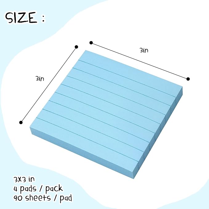 Lined Sticky Notes 3x3 Sticky Notes with Lines Self-Stick Notes Bright Color 4 Pads 90 Sheets/Pad (Light Blue)