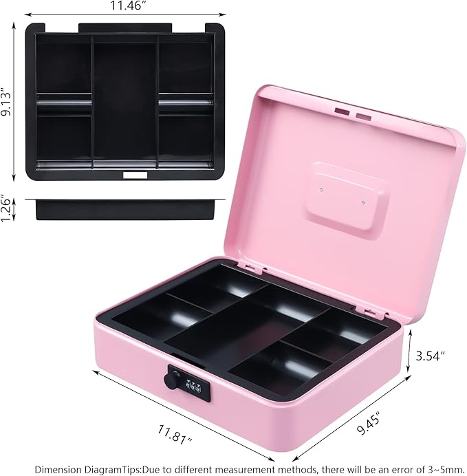 KYODOLED Metal Cash Box with Combination Lock Money Box for Cash Safe Metal Box with Money Tray for Security Lock Box 11.81"x 9.45"x 3.54" Pink X Large