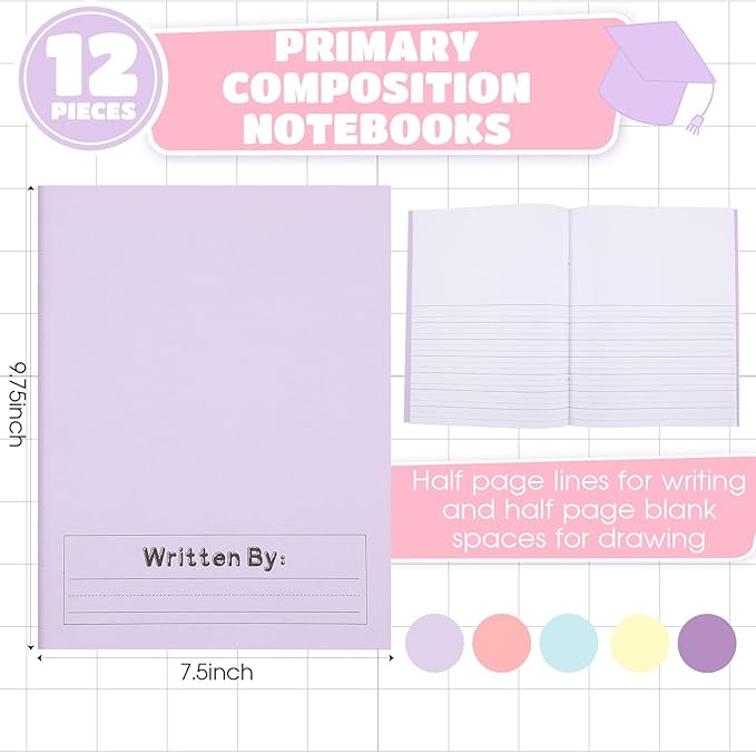 Henoyso 12 Pcs Primary Composition Notebook K-2 9 3/4 x 7 1/2 Inch Primary Journal Blank Writing Book for Kid to Write Draw and Journal 60 Page Notebook Back to School Supplies (Soft Color)
