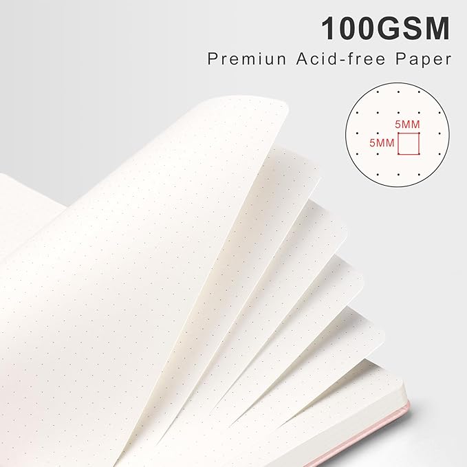 AHGXG Bullet Dotted Journal Spiral Notebook 8.5" x 11", Large A4 Leather Hardcover Dotted Notebook, 100 GSM Thick Dot Grid Paper, Inner Pocket, for Bullet Journaling, Rose Gold