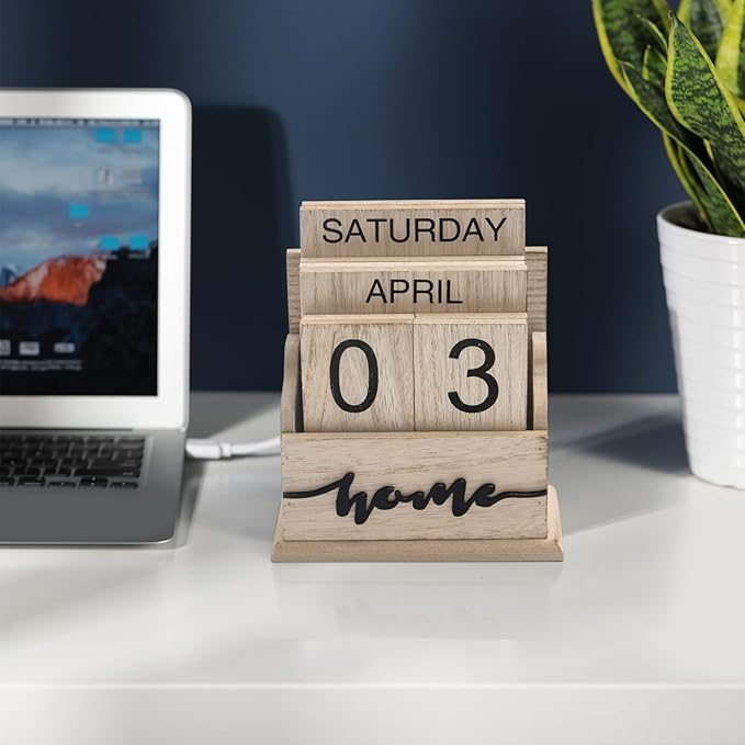 Notakia Perpetual Calendar Wooden Calendar Blocks Vintage Wood Block Calendar for Home Office Desk Accessories Week Month Date Display (Wood Color Home)