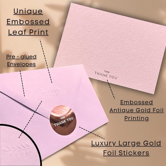 RUN2PRINT (36 Pack Thank You Cards With Envelopes & Foil Stickers - Elegant Dusty Pink Emboss Gold Foil Pressed - Blank Notes Wedding, Bridal, Baby Shower, Business and Formal All Occasion Cards