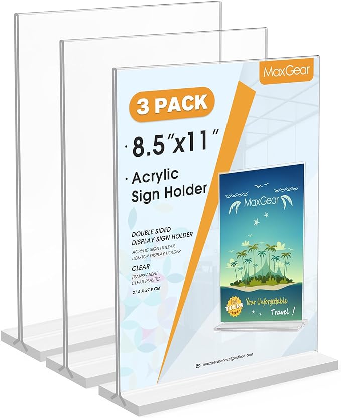 MaxGear 8.5x11 Acrylic Sign Holder 3 Pack, Clear Table Menu Display Stand Plastic Document Paper Holder Double Sided T Shape Sign Frame for Store, Restaurant, Hotels, Office