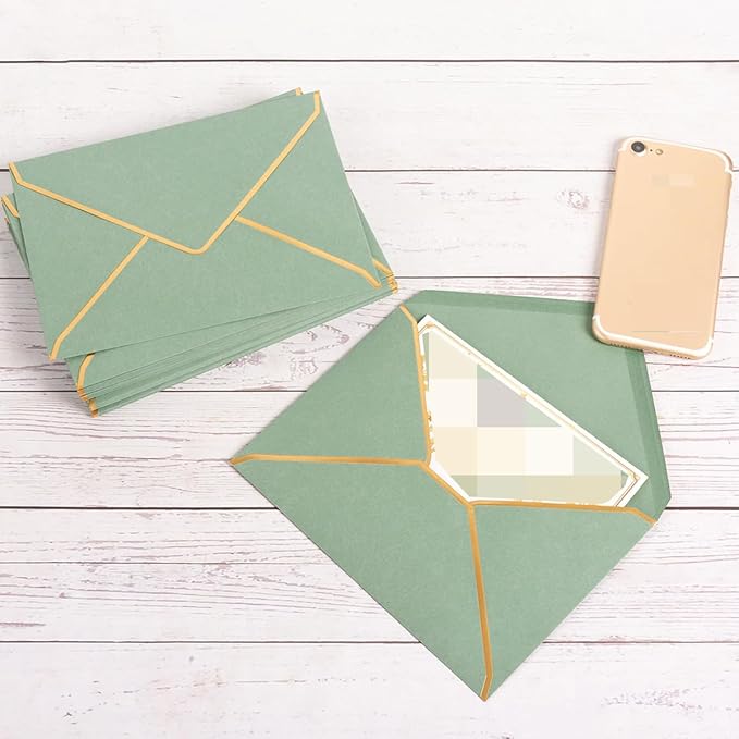 Homtable 50 Pack Sage Green A7 Envelopes 5 x 7 Self-Adhesive V Flap Envelopes with Gold Border for Office, Greeting Card, Wedding, Graduation, Baby Shower, Parties, Invitations (Sage Green, 5x7)