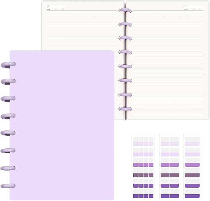 Discbound Notebook, 8-Disc Disbound Planner with Removable Pages, 180 Pages Spiral Notebook, Poly Cover Discbound Planner for Work, Travel, Note Taking(With Index Sticker),Purple,A5