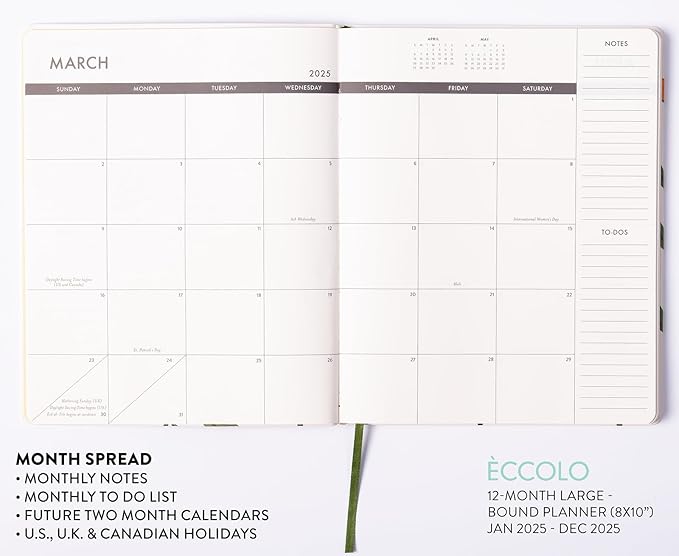 Eccolo 2025 Large Agenda Planner, 12 Month, Yearly, Monthly & Weekly Pages, Habit & Gratitude Tracker (Flexi-Cover - 8 x 10")