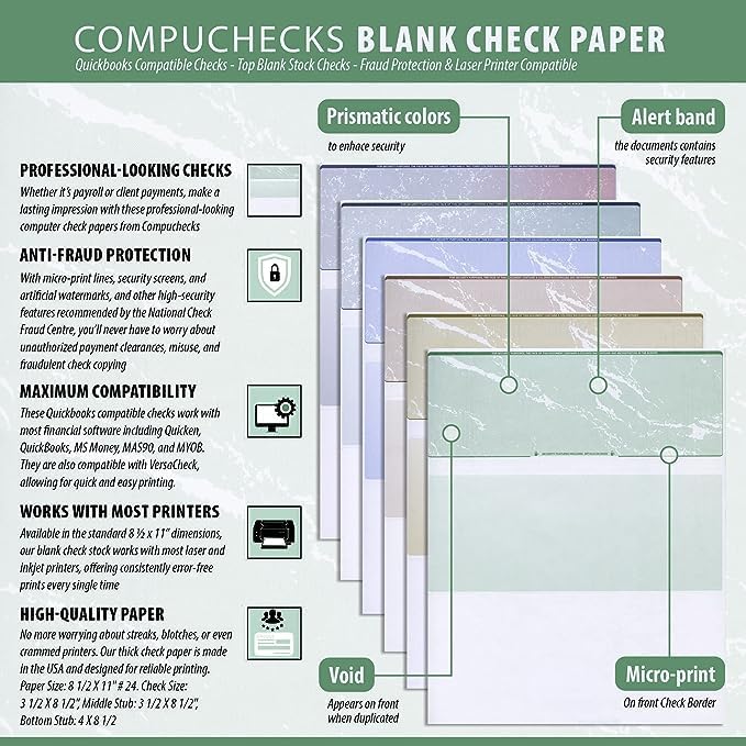 Compuchecks Check on Top Blank Check Paper - 250 Pack, Quick-Books & Laser Printer Compatible - Security Business Checks with Voucher - 8.5" x 11" Blue Diamond