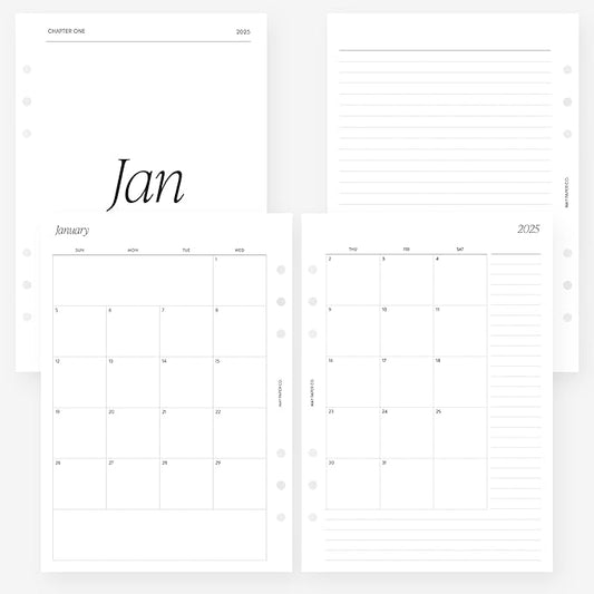 A5 2025 Month on Two Pages Monthly Planner Insert Agenda Refill for 6 ringed A5 Filofax, Kikki K, LV GM agendas (Monthly with Notes (Sunday Start, Non-Separable Months))