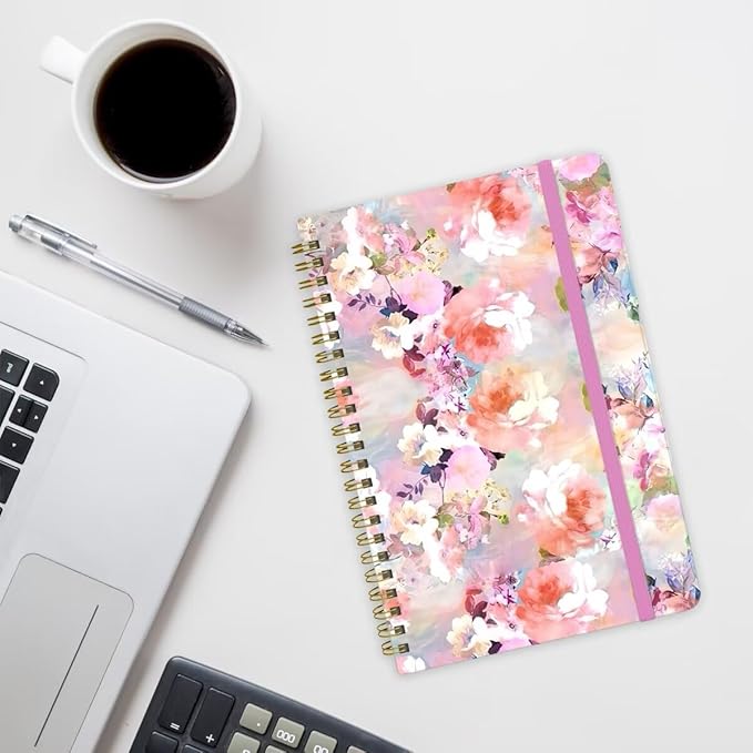 Spiral Notebook - A5 Spiral Notebooks, 8.3'' × 5.8'', 160 Pages, Aesthetic Journaling Notebooks for Women, College Lined Notebook with Elastic Closure, Back Pocket, for School Office, Pink Flower