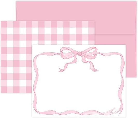 24 Pack Bow Stationery Cards with Envelops Blank Thank You Note Cards Cute Pink Ribbon Bow Plaid Greeting Cards for Wedding Birthday Bridal Baby Shower