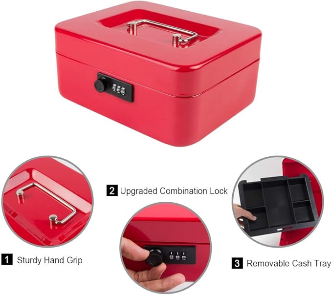 KYODOLED Medium Cash Box with Combination Lock Safe Metal Money Box with Money Tray for Security Lock Box 7.87"x 6.30"x 3.54" Red Medium