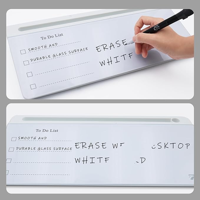TOWON Desktop Whiteboard with todo List Templates, Daily Agenda Glass White Board for Desk, Desk Reminder Memo Notepad to-do List Dry Erase Board with Storage, Line and Free Section, 16x7 Inches