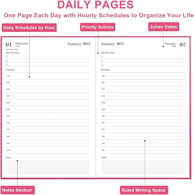 2025 Daily & Monthly Planner - 2025 Daily Planner One Page Per Day from January 2025 to December 2025, Hourly Appointment Book Perfect Organizer Daily Life, Fabric Cover, 5.8'' x 8.3'', Pink