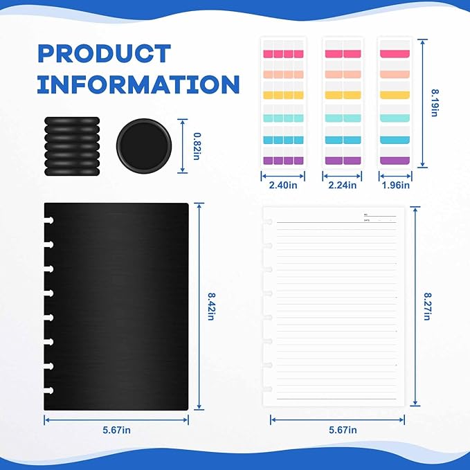 Discbound Notebook, 8-Disc Disbound Planner with Removable Pages, 180 Pages Spiral Notebook, Poly Cover Discbound Planner for Work, Travel, Note Taking(With Index Sticker),Black, A5