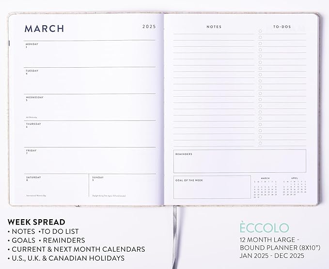 Eccolo 2025 Large Agenda Planner, 12 Month, Yearly, Monthly & Weekly Views (Linen Flexi-Cover - 8 x 10")