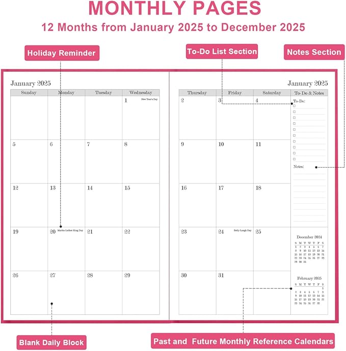 2025 Daily & Monthly Planner - 2025 Daily Planner One Page Per Day from January 2025 to December 2025, Hourly Appointment Book Perfect Organizer Daily Life, Fabric Cover, 5.8'' x 8.3'', Pink