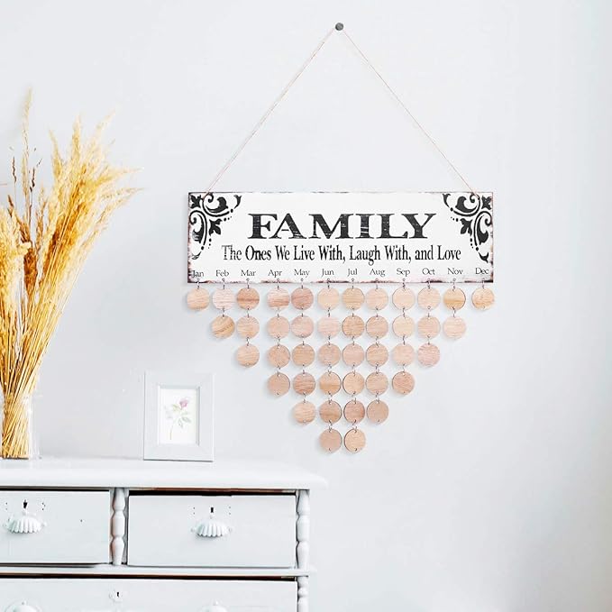 WINOMO Family Birthday Board Plaque DIY Hanging Wooden Birthday Reminder Calendar for Mom Dad Grandma Grandpa with 50pcs Round Discs