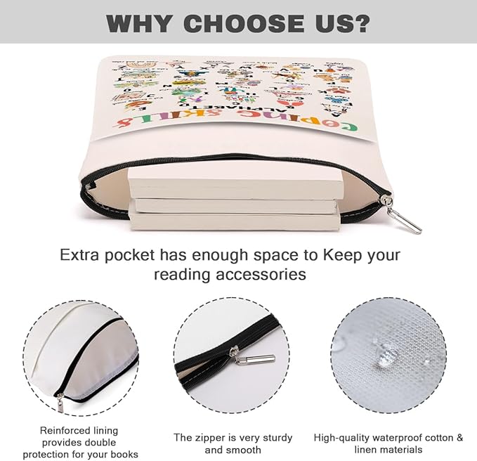 Book Themed Gifts Waterproof Book Sleeve Book Pouch Funny Reading Gifts SLP gifts Speech Therapy Gifts for Women Book Covers for Paperbacks Book Accessories Book Protector with Zipper and Front Pocket