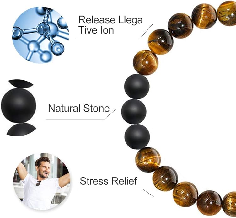 M MOOHAM Natural Stone Bracelets for Men - 8mm Tiger Eye | Matte Agate | Lava Rock Bracelets for Men Teen Boys Gifts Birthday Anniversary Christmas Gifts for Men Teens