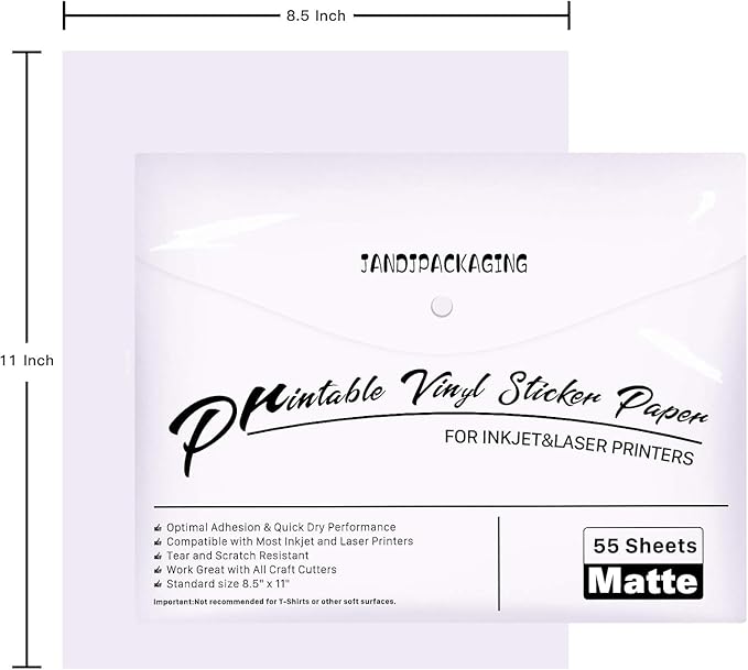 JANDJPACKAGING Printable Vinyl for Inkjet Printer - 55 Pack Matte White Printable Vinyl Sticker Paper Dries Quickly Vivid Colors, Holds Ink Well, Tear Resistant, Inkjet & Laser Printer(140 g)