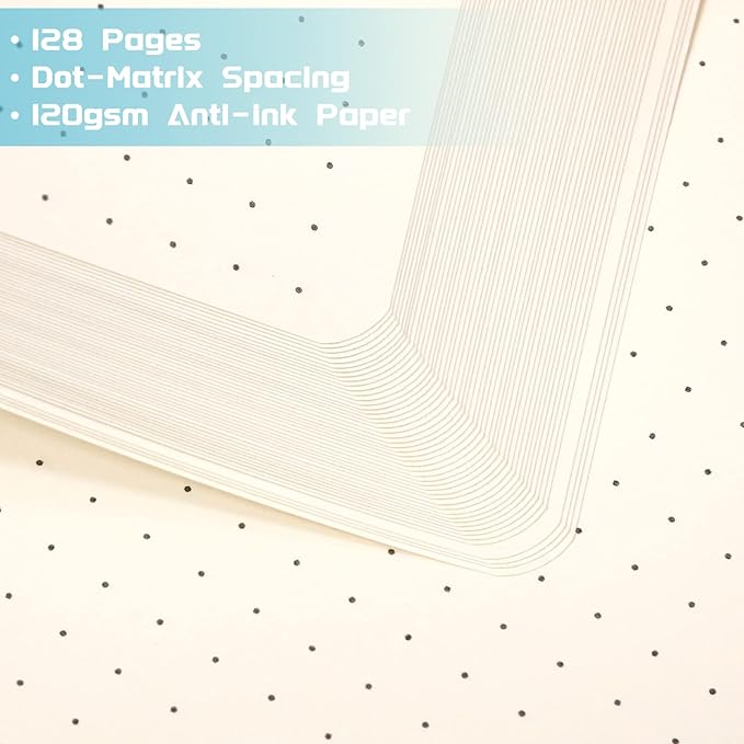 Dotted Journal/Notebook - Dot Grid Hard Cover Notebook, Premium Thick Paper with Fine Inner Pocket, Black Smooth Faux Leather, Pen Loop, 5.3'' x 8.26'' - Light Blue