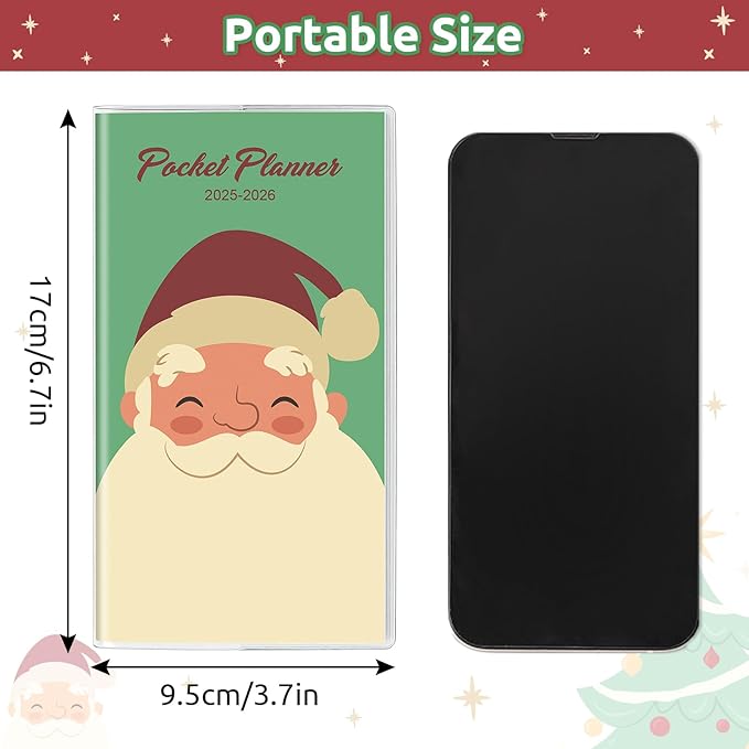 Christmas Pocket Calendar 2025-2026, 2025 Monthly Planner - 6.7" x 3.7" - Runs from January 2025 until December 2026, 2025 Pocket Planner with PVC Cover for Planning, Green