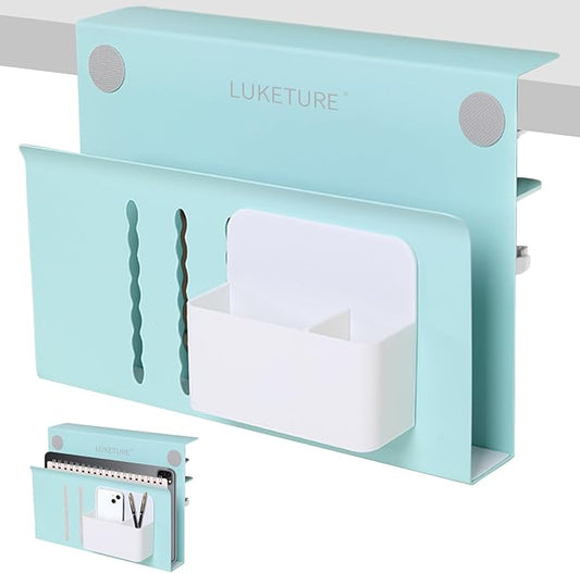 LUKETURE Desk Side Storage, Steel Hanging Organizer, No Drill Laptop Holder with Pen Holder, Side Desk Organizer, Space Saving Table Accessories for Home Office Workspacee (Blue, M(1 Tier))