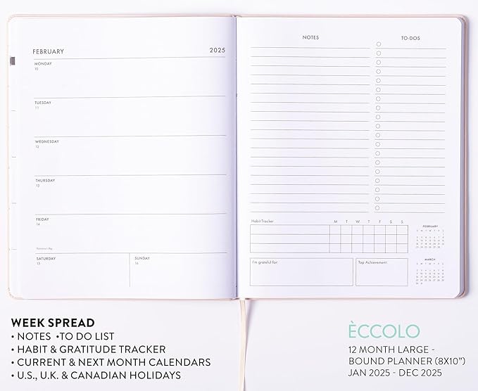 Eccolo 2025 Large Agenda Planner, 12 Month, Yearly, Monthly & Weekly Pages, Habit & Gratitude Tracker (Flexicover - 8 x 10")