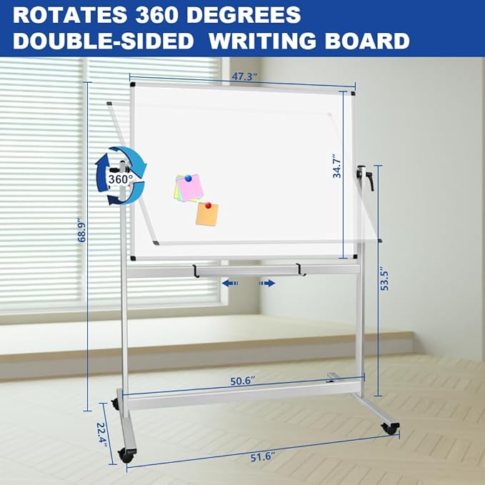 XBoard Rolling Whiteboard 48x36 inch | Magnetic Dry Erase Board on Wheels, Large Portable Easel with Stand and Aluminium Frame for Home School Office Live Streaming