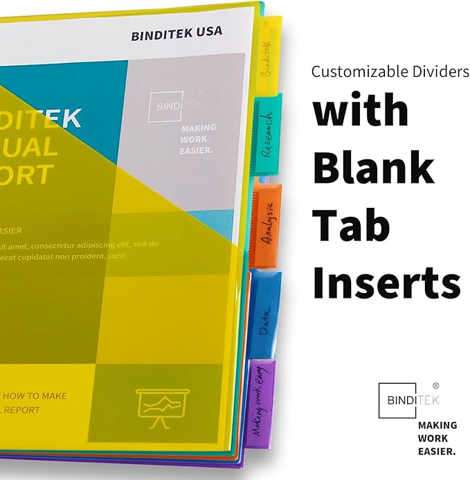 Binditek 12 Set Plastic 5-Tab Binder Dividers with Front Pocket, Tab Insertable Poly Pocket Dividers for 3 Ring Binders, Letter Size, Multicolor, for Students and Coworkers