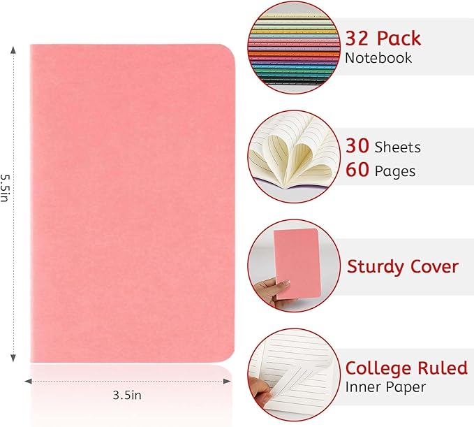 32PCS Mini Notebooks Bulk, 3.5" x 5.5", 16 Color, 60 Pages Lined Paper Small Pocket Notebook Set, Mini Journal Memo Notepads for Kids, Students, Traveler, School Office Supplies