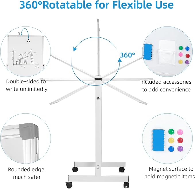 Rolling Mobile Whiteboard, 40 x 28 inches Double Sided Magnetic Whiteboard Easel on Wheels, Height Adjust Protable Dry Erase Board with Stand for Office, Home, Classroom, White