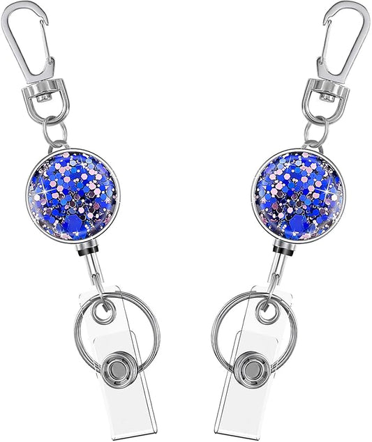 Bling Retractable Keychain, Cute Metal Carabiner Badge Holder,Retractable Badge Reel with Claw Clasp for Id Card Holders Key Ring (2Pack Glittery Purple)