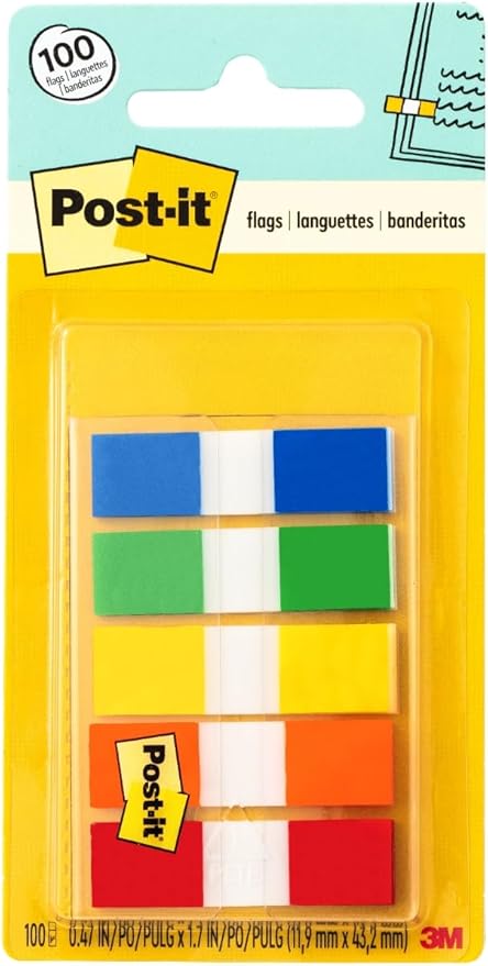 Post-it Flags in Portable Dispenser, 100 Flags/Pack, .47 in x 1.7 in, 20 Each of Red, Bright Orange, Yellow, Green, and Blue (683-5CF)