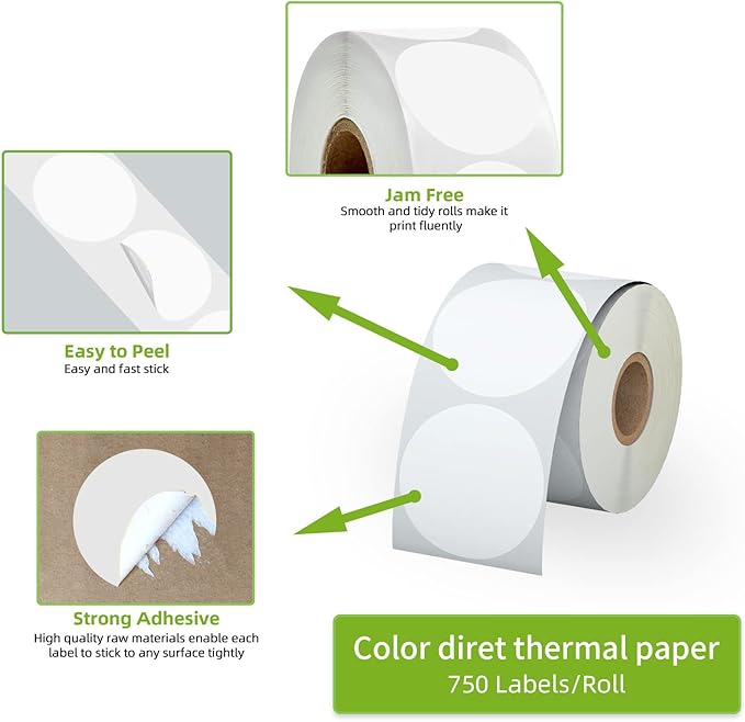 2" White Circle Direct Thermal Labels, Self-Adhesive Round Direct Thermal Stickers, Multi-Purpose Roll Sticker Labels for DIY Logo Brand Design, QR Code, Name Tag(1 Roll, 750 Labels)