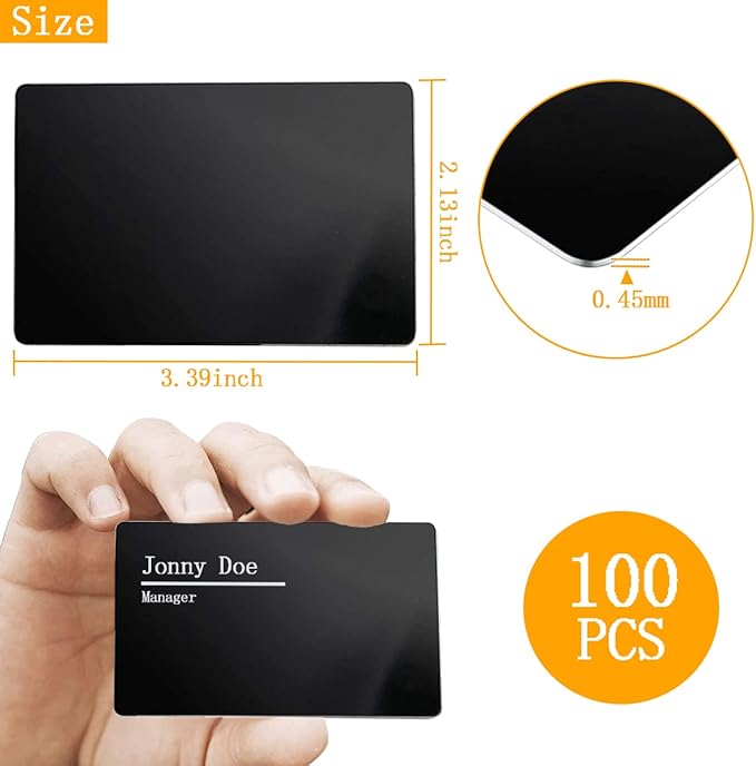 100PCS Metal Business Card 0.45mm Thickness Aluminum Cards Metal Engraving Blanks Cards Aluminum Laser Engraving Cards for Office Name Cards, DIY Gift Cards, VIP Cards 3.4 x 2.1 Inch, Black