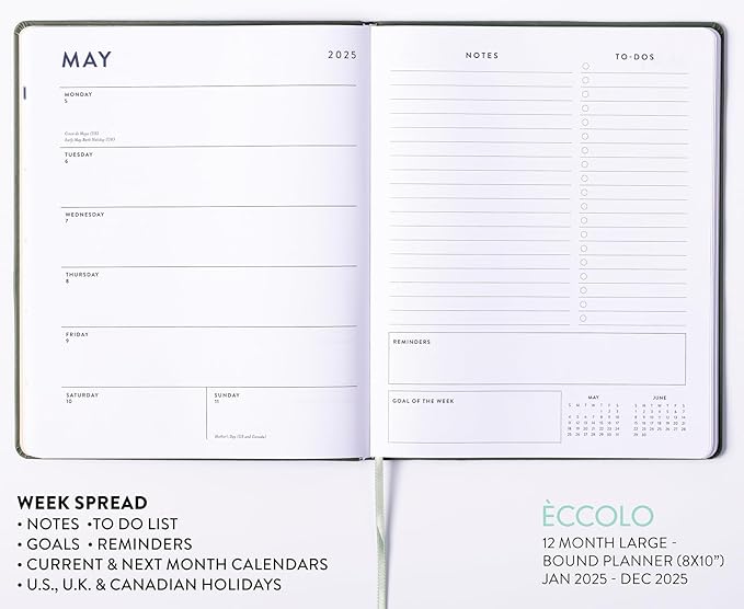 Eccolo 2025 Large Agenda Planner, 12 Month, Yearly, Monthly & Weekly Views, Reminders, Goals Tracker (Flexi-Cover - 8 x 10")