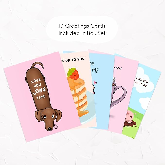 ALY LOU Cute Anniversary Card, Birthday Card for Her Him/Girlfriend Wife/Husband Boyfriend, Friendship Thank You Kawaii Greeting Card (10 CARDS - Boxed Set of 10 Cards - Cute/Funny)