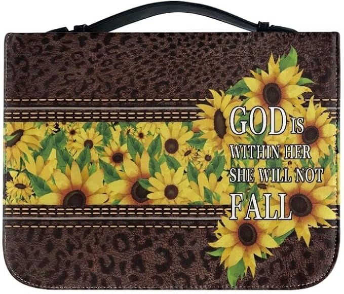 Lotusorchid PU Leather Bible Bag for Women with Inspiring Bible Verses, Sunflower Leopard Print Bible Cover Women Girls, Sturdy Bible Book Carrying Bags Christian Bible Study Accessories, XL
