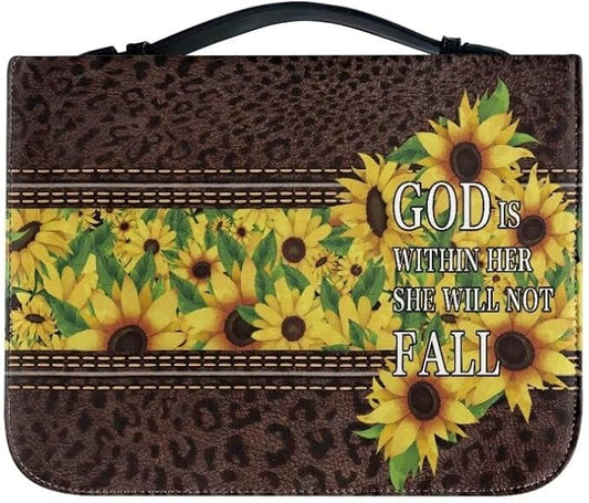 Lotusorchid PU Leather Bible Bag for Women with Inspiring Bible Verses, Sunflower Leopard Print Bible Cover Women Girls, Sturdy Bible Book Carrying Bags Christian Bible Study Accessories, XL