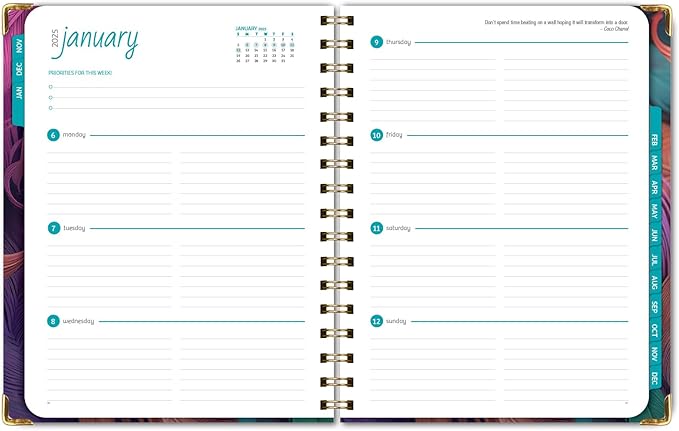 HARDCOVER 2025 Planner, 7"x9": 14 Months (November 2024 - December 2025), Daily Weekly Monthly Planner, Yearly Agenda, Bookmark, Pocket Folder and Sticky Note Set (Pastel Peacock)