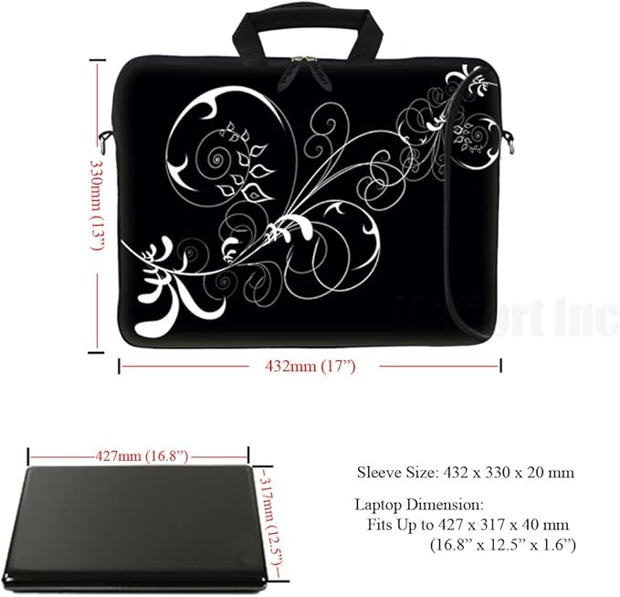 Meffort Inc 17 Inch Neoprene Laptop Bag with Extra Side Pocket, Soft Carrying Handle & Removable Shoulder Strap Fit 16" to 17.3" Size - White Swirl