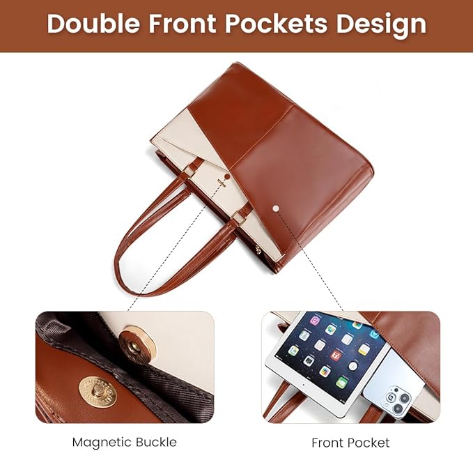 LOVEVOOK Laptop Bag for Women 15.6 Inch Tote Bags Waterproof Leather Briefcase Computer Women Business Office Work Bag,Brown-White