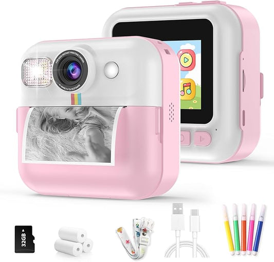 Kids Instant Print Camera, 1080P for Girls & Boys Age 3-10, Pink with 3 Roller Photo Paper