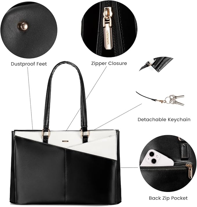 LOVEVOOK Laptop Bag for Women 15.6 Inch Tote Bags Waterproof Leather Briefcase Computer Women Business Office Work Bag,Black-White