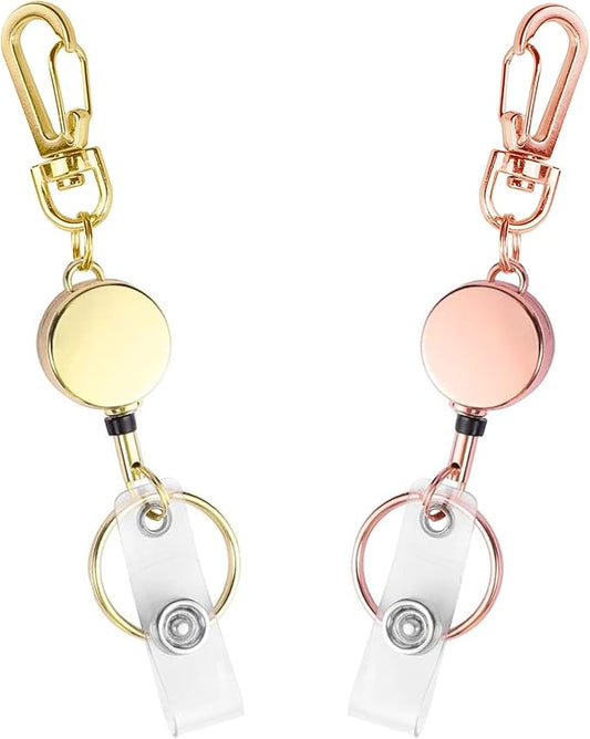 2 Pack Retractable ID Badge Holder with Carabiner Belt Clip Key Ring, Metal Badge Reel with Retractable Cord, Retractable Keychian for Women Nurse,Teacher,Student (Gold,Rose Gold)
