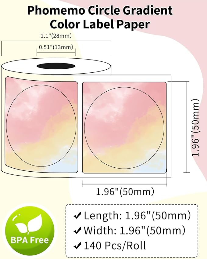 Phomemo Circle Label Compatible with M110/M100/M120/M150/M200/M220/M250 Label Maker, 1.96" x 1.96"（50 x 50 mm） Thermal Round Rainbow Gradient Labels, 1 Rolls/140 Labels